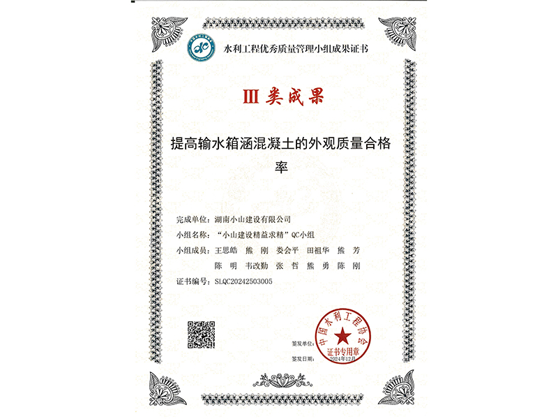 水利工程优秀质量管理小组成果证书